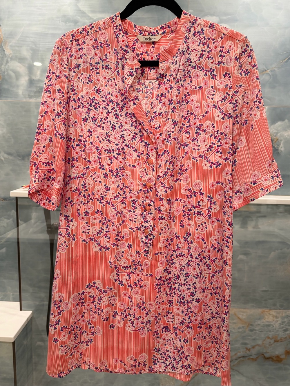 Tucker 95% Silk Coral and Purple Floral Dress